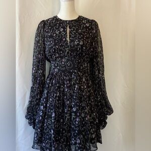 Ted Baker London Women's Dark Floral Mini Dress Small Sheer Ballon Sleeve